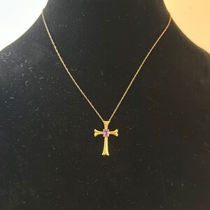 14k Solid YG Amethyst Cross Pendant And Necklace